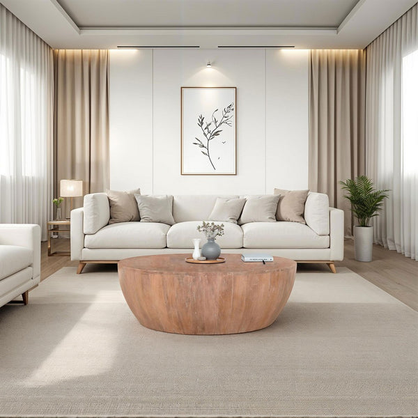 Benzara Arthur Drum Shape Wooden Coffee Table With Plank Design Base Distressed Brown - UPT-32182