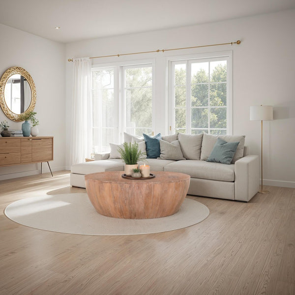 Benzara Arthur Drum Shape Wooden Coffee Table With Plank Design Base Distressed Brown - UPT-32182