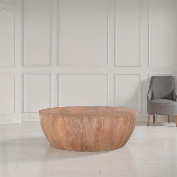 Benzara Arthur Drum Shape Wooden Coffee Table With Plank Design Base Distressed Brown - UPT-32182