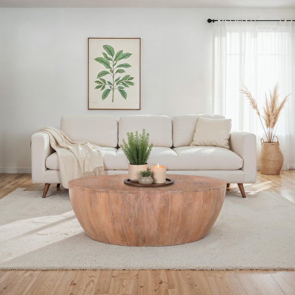 benzara Arthur Drum Shape Wooden Coffee Table with Plank Design Base Distressed Brown - UPT-32182