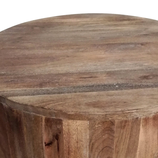 Benzara Arthur Hand Carved Cylindrical Shape Round Mango Wood Distressed Wooden Side End Table Brown - UPT-32183