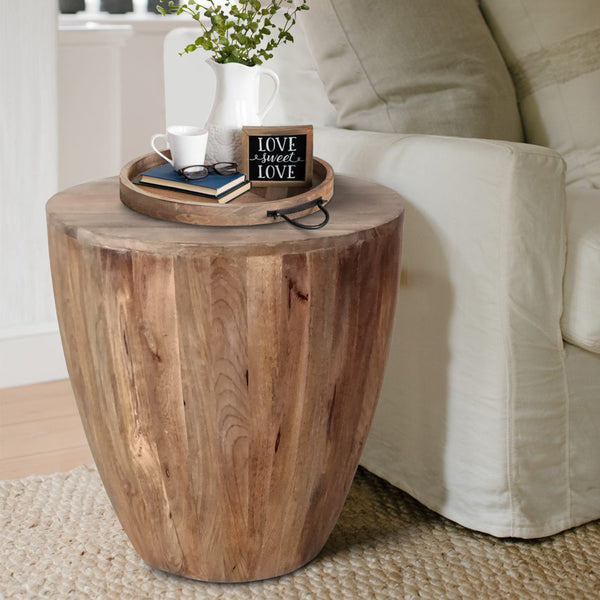benzara Arthur Hand carved Cylindrical Shape Round Mango Wood Distressed Wooden Side End Table Brown - UPT-32183
