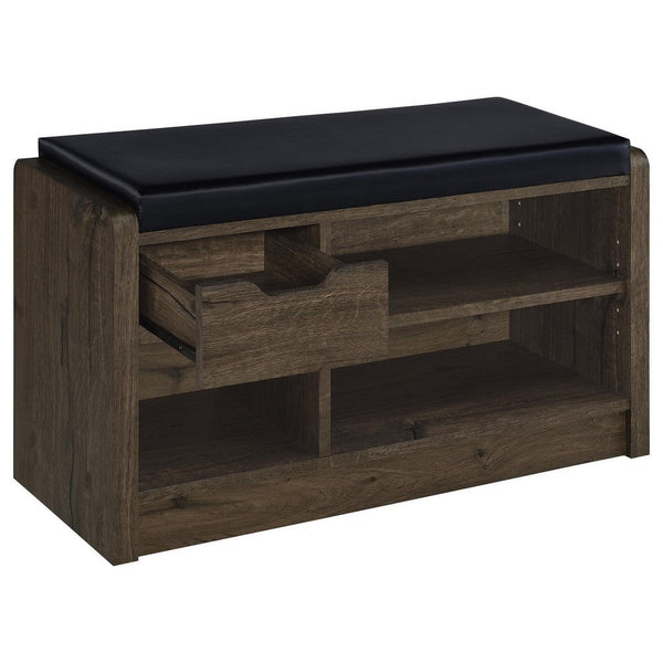 Benzara Aryn Storage Bench Adjustable Shelf Black Faux Leather Dark Brown -BM329171
