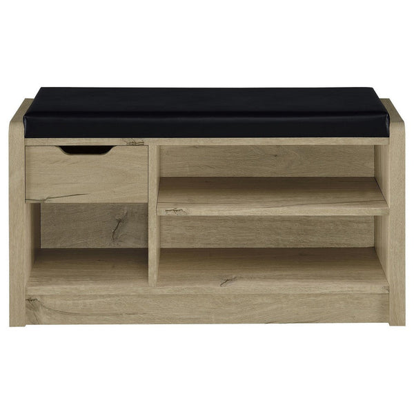 Benzara Aryn Storage Bench Adjustable Shelf Black Faux Leather Oak Brown -BM329172