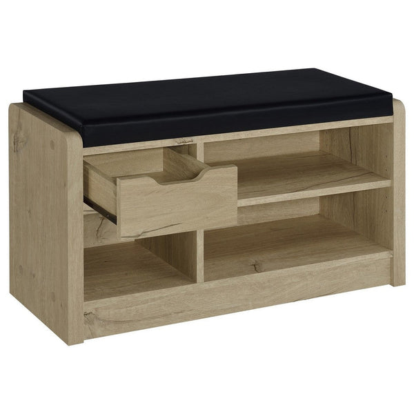 Benzara Aryn Storage Bench Adjustable Shelf Black Faux Leather Oak Brown -BM329172
