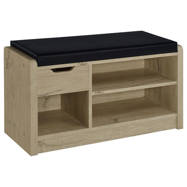 benzara Aryn Storage Bench Adjustable Shelf Black Faux Leather Oak Brown -BM329172