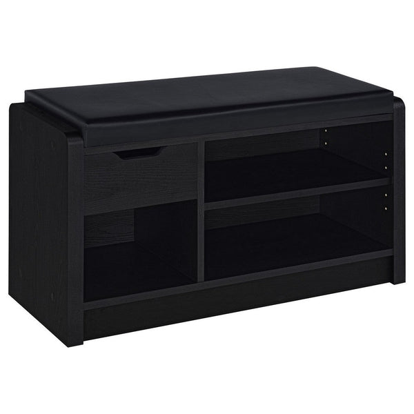 benzara Aryn Storage Bench with Adjustable Shelf Black Faux Leather Black -BM329173