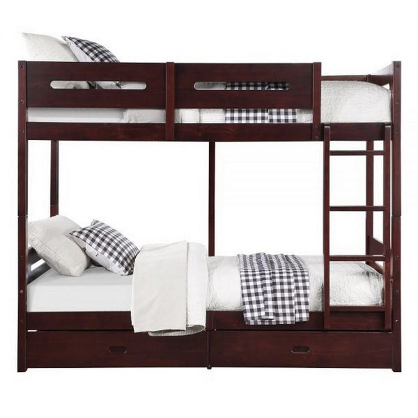 Benzara Asin Twin Bunk Bed Front Facing Ladder Storage Solid Pine Wood Brown - BM309457