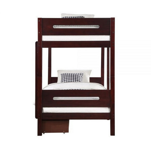 Benzara Asin Twin Bunk Bed Front Facing Ladder Storage Solid Pine Wood Brown - BM309457