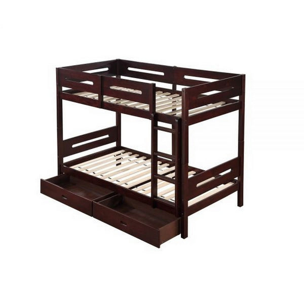 Benzara Asin Twin Bunk Bed Front Facing Ladder Storage Solid Pine Wood Brown - BM309457
