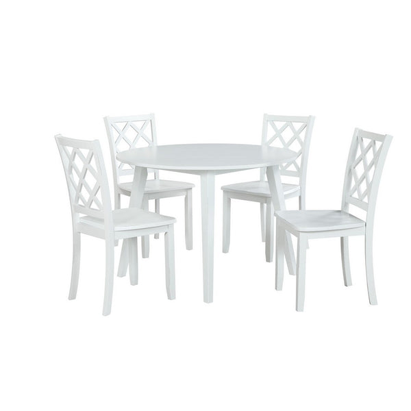 Benzara Ava 5pc Dining Table Set 42in Round White Rubberwood Diamond Trellis -BM329875