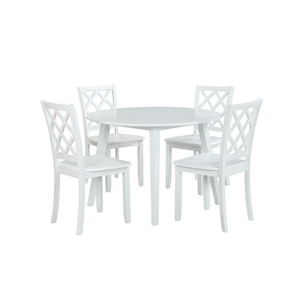Benzara Ava 5pc Dining Table Set 42in Round White Rubberwood Diamond Trellis -BM329875