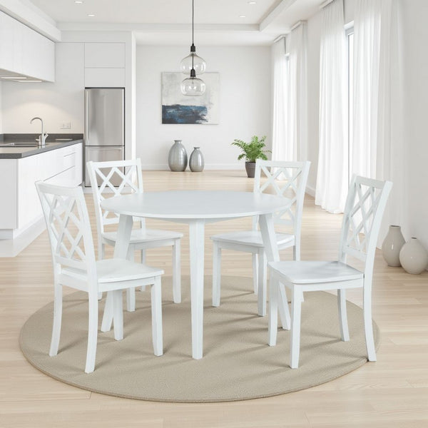 benzara Ava 5pc Dining Table Set 42in Round White Rubberwood Diamond Trellis -BM329875