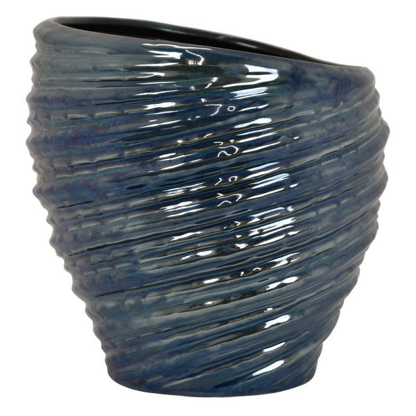 Benzara Avery Round Modern Vase Spiral Turned Design Blue Ceramic 17 Inch -BM330172