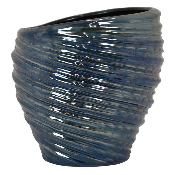 Benzara Avery Round Modern Vase Spiral Turned Design Blue Ceramic 17 Inch -BM330172