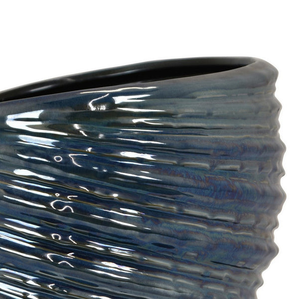 Benzara Avery Round Modern Vase Spiral Turned Design Blue Ceramic 17 Inch -BM330172