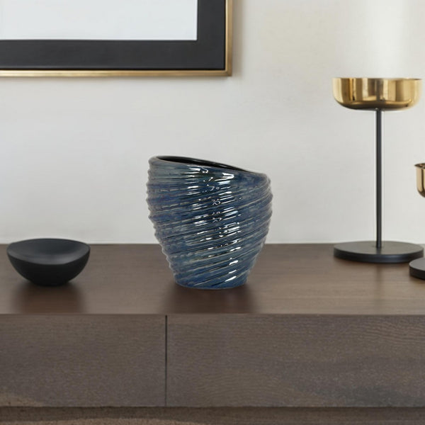 benzara Avery Round Modern Vase Spiral Turned Design Blue Ceramic 17 Inch -BM330172