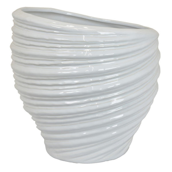 Benzara Avery Round Modern Vase Spiral Turned Design White Ceramic 17 Inch -BM330170