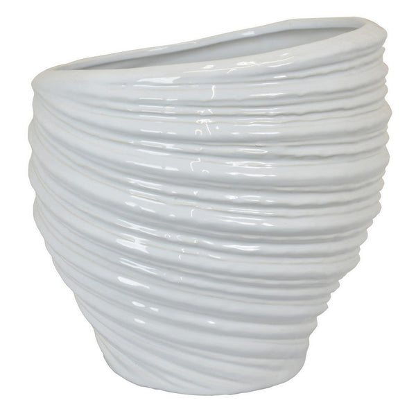 Benzara Avery Round Modern Vase Spiral Turned Design White Ceramic 17 Inch -BM330170