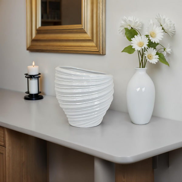 benzara Avery Round Modern Vase Spiral Turned Design White Ceramic 17 Inch -BM330170