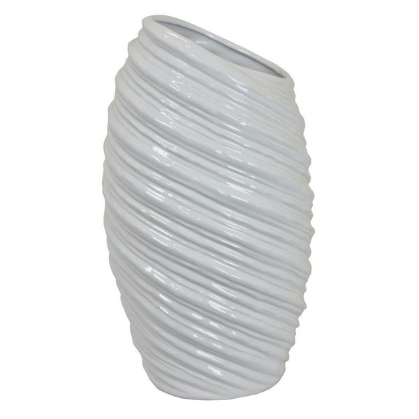 Benzara Avery Tall Modern Vase Angled Spiral Design White Ceramic 17 Inch -BM330169