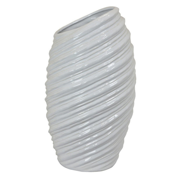 Benzara Avery Tall Modern Vase Angled Spiral Design White Ceramic 17 Inch -BM330169