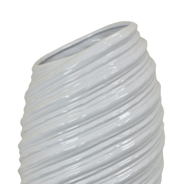 Benzara Avery Tall Modern Vase Angled Spiral Design White Ceramic 17 Inch -BM330169