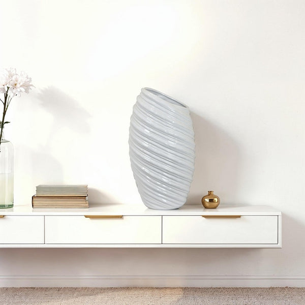 benzara Avery Tall Modern Vase Angled Spiral Design White Ceramic 17 Inch -BM330169