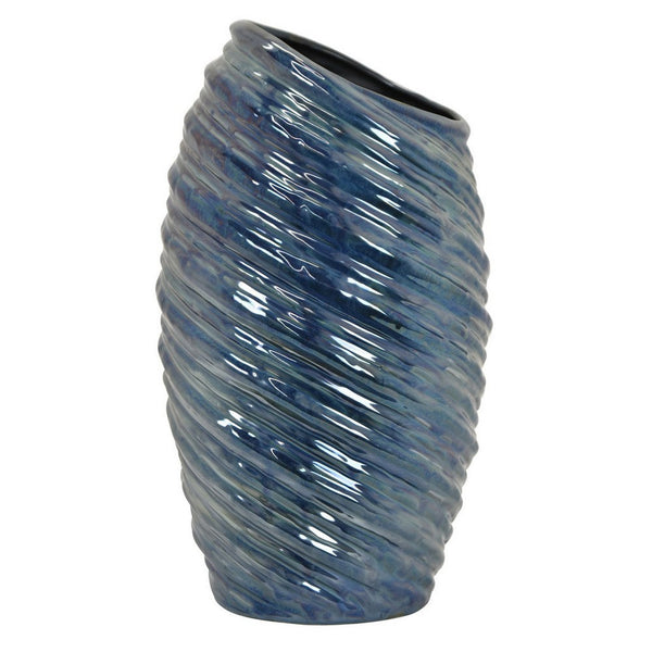 Benzara Avery Tall Modern Vase With Angled Spiral Design Blue Ceramic 17 Inch -BM330171