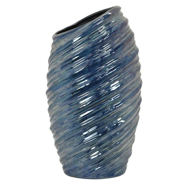 Benzara Avery Tall Modern Vase With Angled Spiral Design Blue Ceramic 17 Inch -BM330171