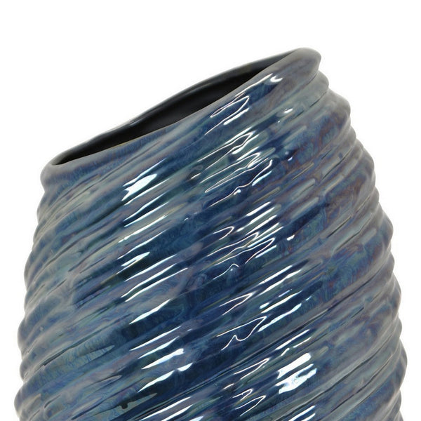 Benzara Avery Tall Modern Vase With Angled Spiral Design Blue Ceramic 17 Inch -BM330171