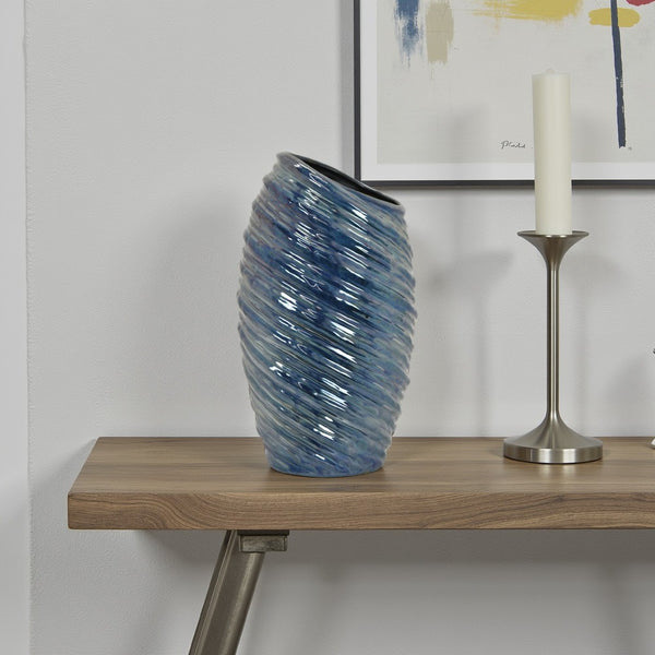 benzara Avery Tall Modern Vase with Angled Spiral Design Blue Ceramic 17 Inch -BM330171