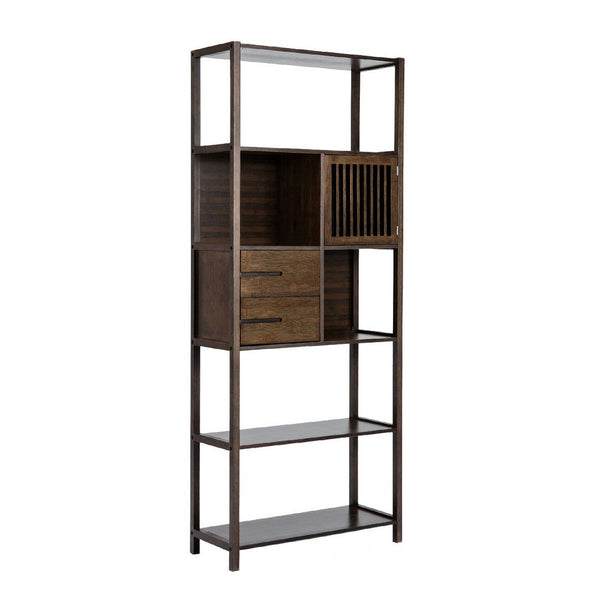 Benzara Axa 68 Inch Bamboo Shelf Bookcase With Cabinet Right Facing Dark Brown - BM274297