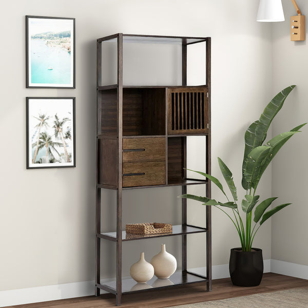 benzara Axa 68 Inch Bamboo Shelf Bookcase with Cabinet Right Facing Dark Brown - BM274297