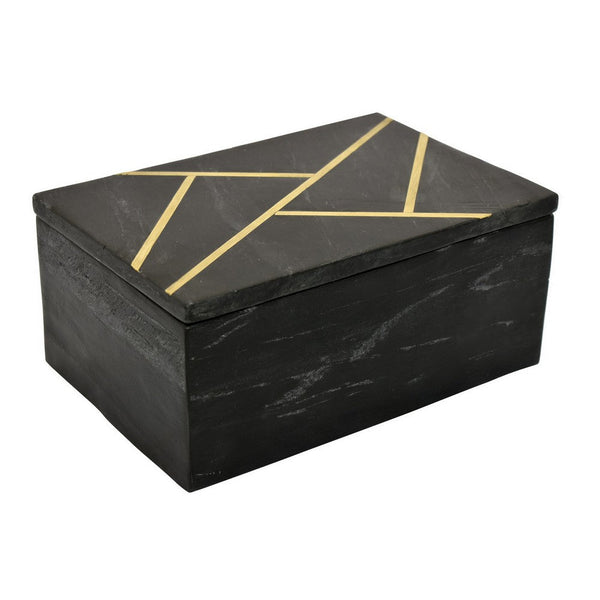 Benzara Axel Decorative Storage Box Gold Geometric Inlay Black Marble 9 Inch -BM330175