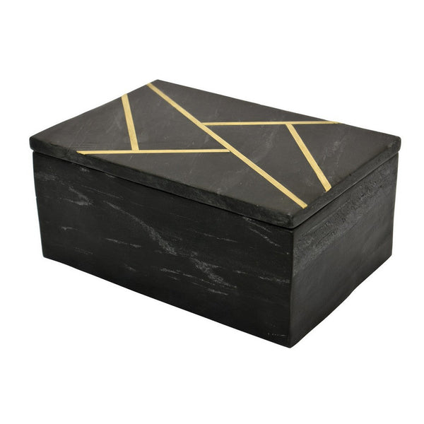 Benzara Axel Decorative Storage Box Gold Geometric Inlay Black Marble 9 Inch -BM330175
