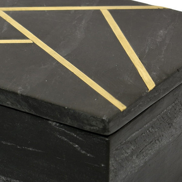 Benzara Axel Decorative Storage Box Gold Geometric Inlay Black Marble 9 Inch -BM330175