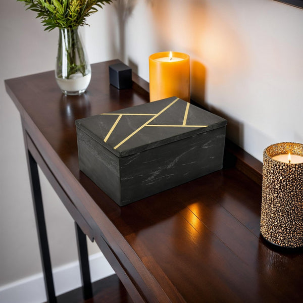 benzara Axel Decorative Storage Box Gold Geometric Inlay Black Marble 9 Inch -BM330175