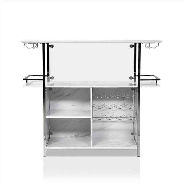 Benzara Bar Table With Faux Marble And Chrome Finish White And Silver - BM253019