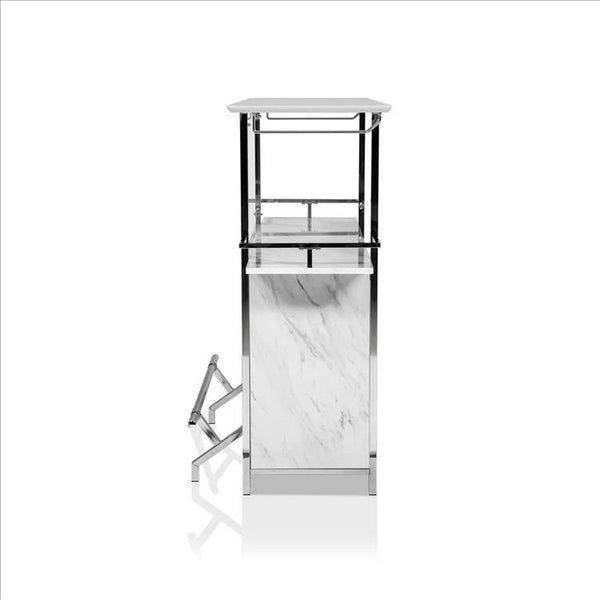 Benzara Bar Table With Faux Marble And Chrome Finish White And Silver - BM253019