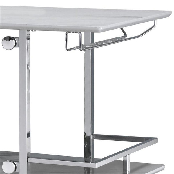 Benzara Bar Table With Faux Marble And Chrome Finish White And Silver - BM253019