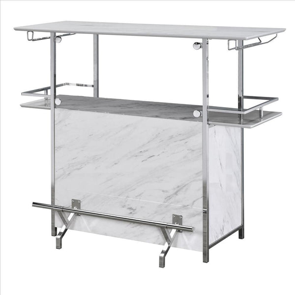 benzara Bar Table with Faux Marble and Chrome Finish White and Silver - BM253019