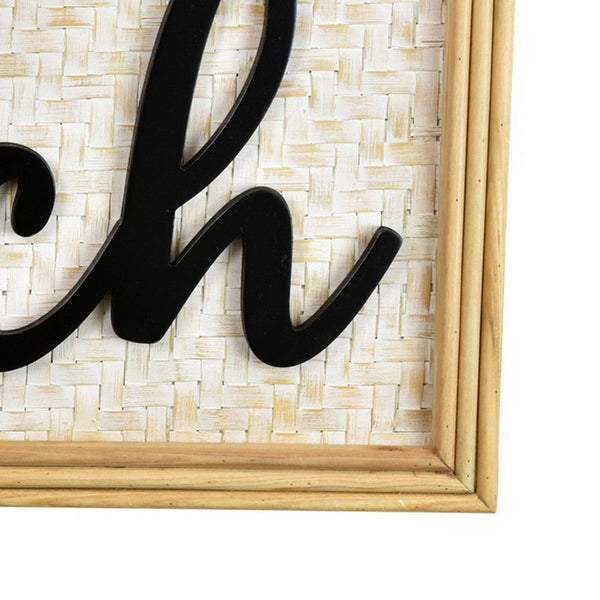 Benzara Beach Wall Decor Sign 28 Inch White Woven Wood Frame Black -BM324546