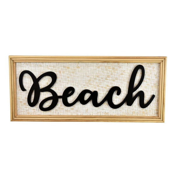 benzara Beach Wall Decor Sign 28 Inch White Woven Wood Frame Black -BM324546