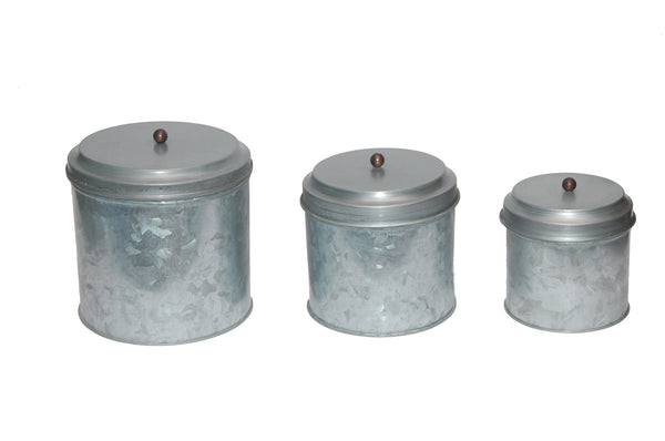 Benzara Benzara AMC0015 Galvanized Metal Lidded Canister With Ball Knob Set Of Three Gray -BM177863