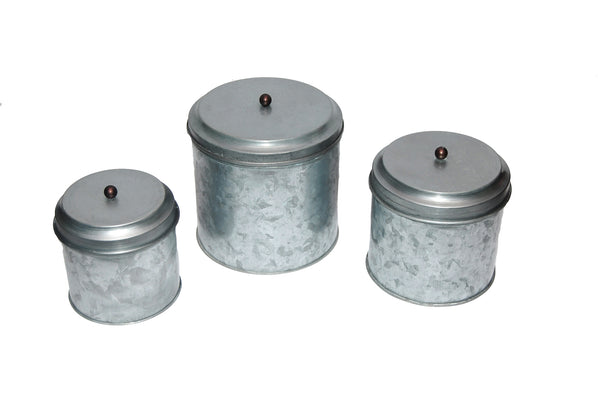 Benzara Benzara AMC0015 Galvanized Metal Lidded Canister With Ball Knob Set Of Three Gray -BM177863