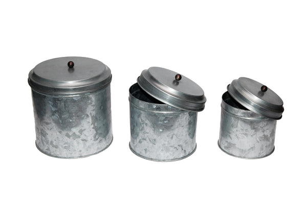 Benzara Benzara AMC0015 Galvanized Metal Lidded Canister With Ball Knob Set Of Three Gray -BM177863