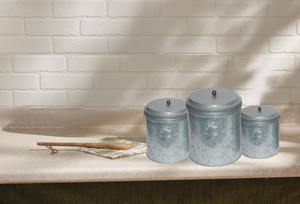 benzara Benzara AMC0015 Galvanized Metal Lidded Canister With Ball Knob Set of Three Gray -BM177863