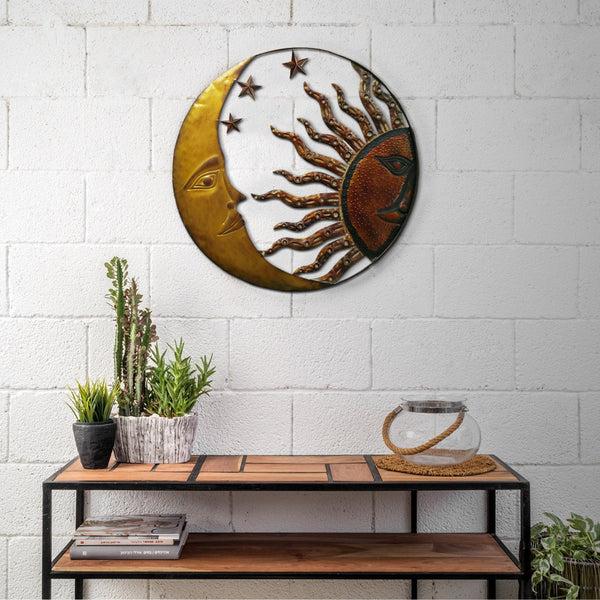 benzara Benzara Celestial Metal Sun Moon Wall Decor Bronze Gold and Rust Red - BM05395
