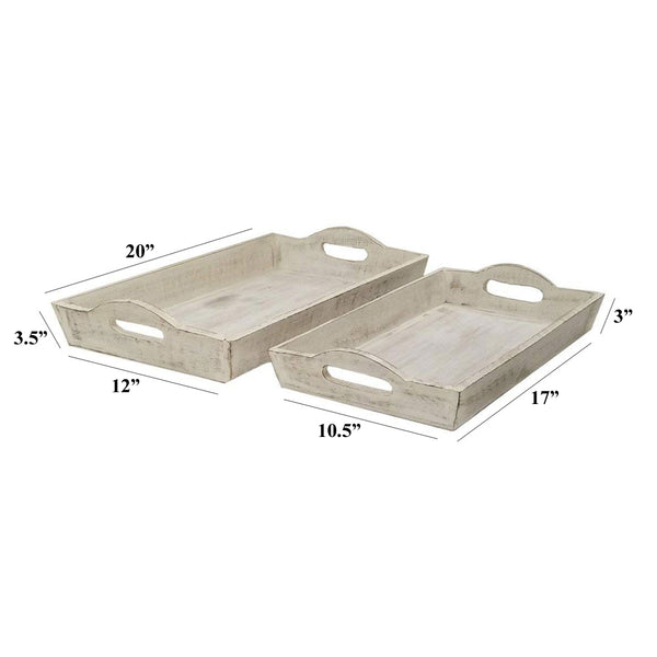 Benzara Benzara Distressed Wooden Serving Trays With Handles Set Of 2 White - BM46891